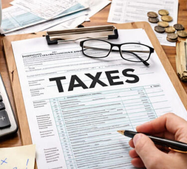 A close-up shot of a wooden desk featuring a U.S. Individual Income Tax Form 1040 with the word 'TAXES' prominently displayed. The scene includes a calculator showing $2,659.75, a cup of coffee, organized paperwork, a pair of glasses, and a hand holding a pen, ready to fill out the form. Nearby, dollar bills, coins, and a small potted plant add to the tax preparation ambiance.