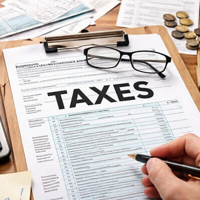 A close-up shot of a wooden desk featuring a U.S. Individual Income Tax Form 1040 with the word 'TAXES' prominently displayed. The scene includes a calculator showing $2,659.75, a cup of coffee, organized paperwork, a pair of glasses, and a hand holding a pen, ready to fill out the form. Nearby, dollar bills, coins, and a small potted plant add to the tax preparation ambiance.