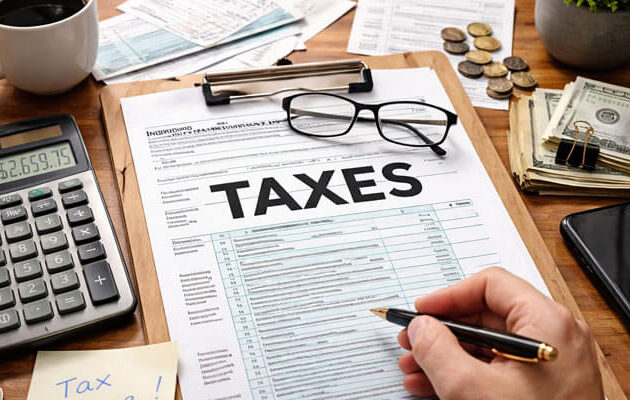 A close-up shot of a wooden desk featuring a U.S. Individual Income Tax Form 1040 with the word 'TAXES' prominently displayed. The scene includes a calculator showing $2,659.75, a cup of coffee, organized paperwork, a pair of glasses, and a hand holding a pen, ready to fill out the form. Nearby, dollar bills, coins, and a small potted plant add to the tax preparation ambiance.