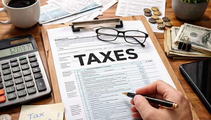 A close-up shot of a wooden desk featuring a U.S. Individual Income Tax Form 1040 with the word 'TAXES' prominently displayed. The scene includes a calculator showing $2,659.75, a cup of coffee, organized paperwork, a pair of glasses, and a hand holding a pen, ready to fill out the form. Nearby, dollar bills, coins, and a small potted plant add to the tax preparation ambiance.