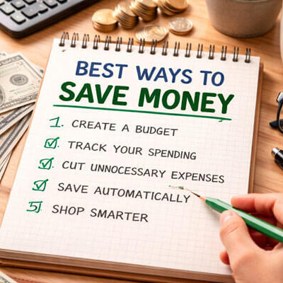 A top-down view of a wooden desk featuring a spiral notebook titled 'BEST WAYS TO SAVE MONEY' with key tips written in bold handwriting, including 'Create a Budget,' 'Track Your Spending,' 'Cut Unnecessary Expenses,' 'Save Automatically,' and 'Shop Smarter.' Surrounding the notebook are stacks of cash, coins in a jar, a calculator, eyeglasses, a wallet, a coffee mug, and sticky notes, all captured with bright and balanced lighting.