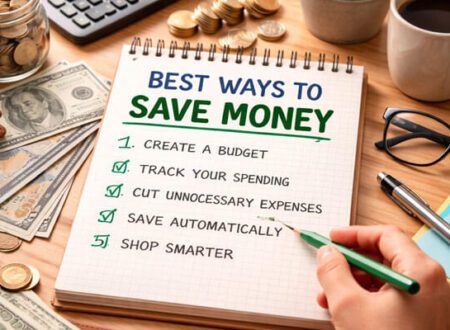 A top-down view of a wooden desk featuring a spiral notebook titled 'BEST WAYS TO SAVE MONEY' with key tips written in bold handwriting, including 'Create a Budget,' 'Track Your Spending,' 'Cut Unnecessary Expenses,' 'Save Automatically,' and 'Shop Smarter.' Surrounding the notebook are stacks of cash, coins in a jar, a calculator, eyeglasses, a wallet, a coffee mug, and sticky notes, all captured with bright and balanced lighting.