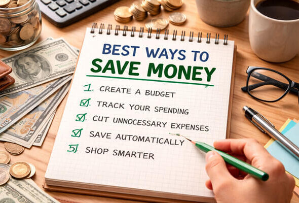 A top-down view of a wooden desk featuring a spiral notebook titled 'BEST WAYS TO SAVE MONEY' with key tips written in bold handwriting, including 'Create a Budget,' 'Track Your Spending,' 'Cut Unnecessary Expenses,' 'Save Automatically,' and 'Shop Smarter.' Surrounding the notebook are stacks of cash, coins in a jar, a calculator, eyeglasses, a wallet, a coffee mug, and sticky notes, all captured with bright and balanced lighting.