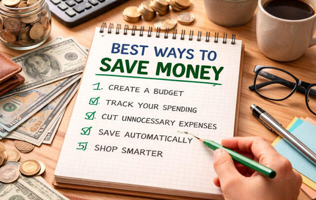 A top-down view of a wooden desk featuring a spiral notebook titled 'BEST WAYS TO SAVE MONEY' with key tips written in bold handwriting, including 'Create a Budget,' 'Track Your Spending,' 'Cut Unnecessary Expenses,' 'Save Automatically,' and 'Shop Smarter.' Surrounding the notebook are stacks of cash, coins in a jar, a calculator, eyeglasses, a wallet, a coffee mug, and sticky notes, all captured with bright and balanced lighting.