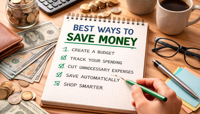 A top-down view of a wooden desk featuring a spiral notebook titled 'BEST WAYS TO SAVE MONEY' with key tips written in bold handwriting, including 'Create a Budget,' 'Track Your Spending,' 'Cut Unnecessary Expenses,' 'Save Automatically,' and 'Shop Smarter.' Surrounding the notebook are stacks of cash, coins in a jar, a calculator, eyeglasses, a wallet, a coffee mug, and sticky notes, all captured with bright and balanced lighting.