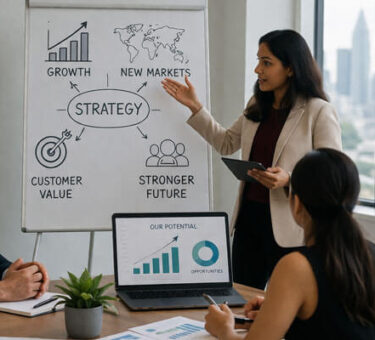 A professional business meeting focused on expansion planning, with a team discussing strategy and growth. The presenter, a South Asian woman, uses a tablet to explain key points on a flip chart, including growth, new markets, and customer value. A laptop displays potential opportunities and growth metrics, while colleagues observe attentively in a modern office with a city skyline view.