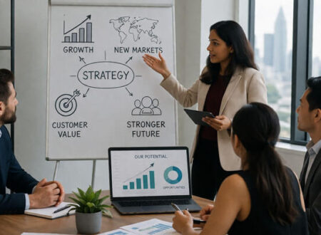 A professional business meeting focused on expansion planning, with a team discussing strategy and growth. The presenter, a South Asian woman, uses a tablet to explain key points on a flip chart, including growth, new markets, and customer value. A laptop displays potential opportunities and growth metrics, while colleagues observe attentively in a modern office with a city skyline view.