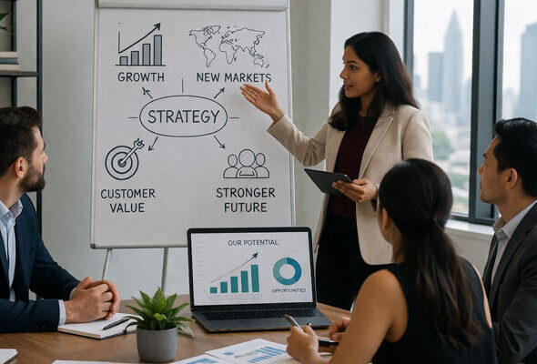A professional business meeting focused on expansion planning, with a team discussing strategy and growth. The presenter, a South Asian woman, uses a tablet to explain key points on a flip chart, including growth, new markets, and customer value. A laptop displays potential opportunities and growth metrics, while colleagues observe attentively in a modern office with a city skyline view.