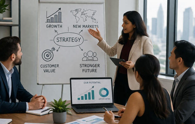 A professional business meeting focused on expansion planning, with a team discussing strategy and growth. The presenter, a South Asian woman, uses a tablet to explain key points on a flip chart, including growth, new markets, and customer value. A laptop displays potential opportunities and growth metrics, while colleagues observe attentively in a modern office with a city skyline view.