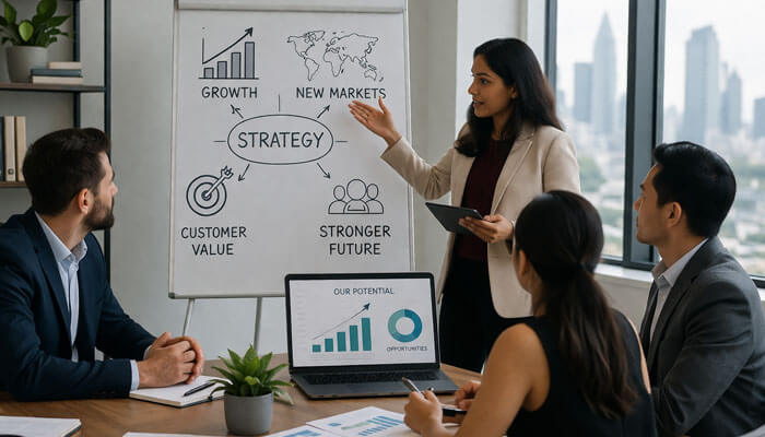 A professional business meeting focused on expansion planning, with a team discussing strategy and growth. The presenter, a South Asian woman, uses a tablet to explain key points on a flip chart, including growth, new markets, and customer value. A laptop displays potential opportunities and growth metrics, while colleagues observe attentively in a modern office with a city skyline view.