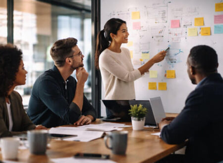 Group of diverse professionals in a modern office engaged in a collaborative brainstorming session. A young Asian woman is leading the discussion in front of a whiteboard covered with sticky notes and diagrams, while her colleagues sit around a table, actively listening and contributing ideas.