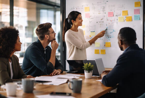 Group of diverse professionals in a modern office engaged in a collaborative brainstorming session. A young Asian woman is leading the discussion in front of a whiteboard covered with sticky notes and diagrams, while her colleagues sit around a table, actively listening and contributing ideas.
