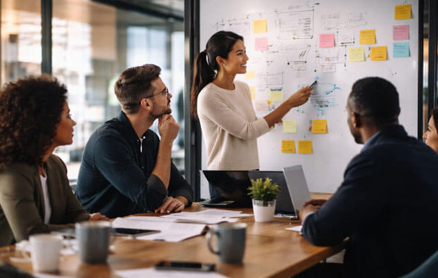 Group of diverse professionals in a modern office engaged in a collaborative brainstorming session. A young Asian woman is leading the discussion in front of a whiteboard covered with sticky notes and diagrams, while her colleagues sit around a table, actively listening and contributing ideas.