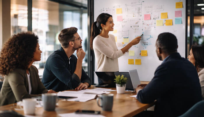 Group of diverse professionals in a modern office engaged in a collaborative brainstorming session. A young Asian woman is leading the discussion in front of a whiteboard covered with sticky notes and diagrams, while her colleagues sit around a table, actively listening and contributing ideas.