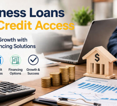 An office setting with a person in a suit analyzing a financial document on a clipboard. The background features a laptop, a wooden model of a bank, and stacks of coins. Bold text on the left reads 'Business Loans and Credit Access' with icons representing business loans, credit access, financing options, and growth & success.