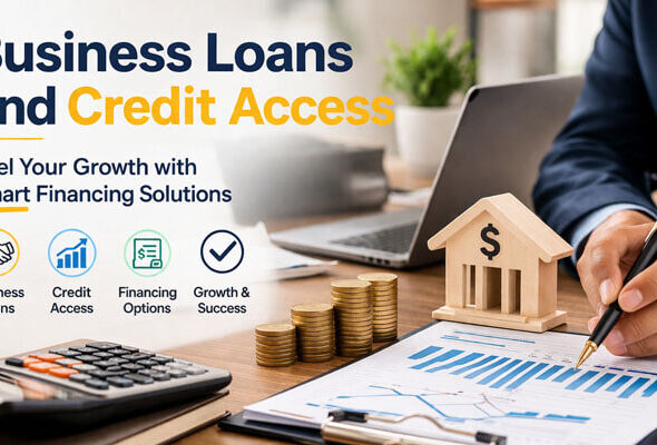 An office setting with a person in a suit analyzing a financial document on a clipboard. The background features a laptop, a wooden model of a bank, and stacks of coins. Bold text on the left reads 'Business Loans and Credit Access' with icons representing business loans, credit access, financing options, and growth & success.