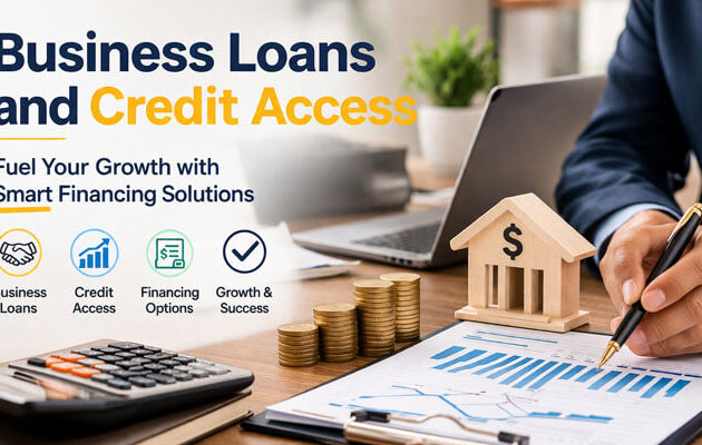 An office setting with a person in a suit analyzing a financial document on a clipboard. The background features a laptop, a wooden model of a bank, and stacks of coins. Bold text on the left reads 'Business Loans and Credit Access' with icons representing business loans, credit access, financing options, and growth & success.
