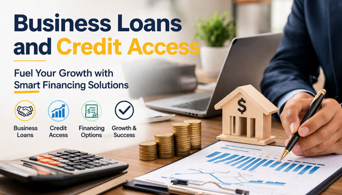 An office setting with a person in a suit analyzing a financial document on a clipboard. The background features a laptop, a wooden model of a bank, and stacks of coins. Bold text on the left reads 'Business Loans and Credit Access' with icons representing business loans, credit access, financing options, and growth & success.