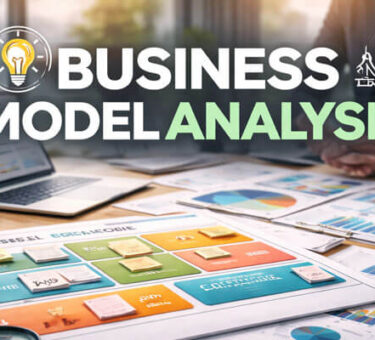 A promotional banner showcasing the title 'BUSINESS MODEL ANALYSIS' in bold white and green text, set against a modern office backdrop. The image features a detailed Business Model Canvas with key components labeled on sticky notes, surrounded by business tools like charts, a magnifying glass, and a laptop, emphasizing strategic business analysis for growth and optimization.