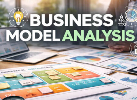 A promotional banner showcasing the title 'BUSINESS MODEL ANALYSIS' in bold white and green text, set against a modern office backdrop. The image features a detailed Business Model Canvas with key components labeled on sticky notes, surrounded by business tools like charts, a magnifying glass, and a laptop, emphasizing strategic business analysis for growth and optimization.