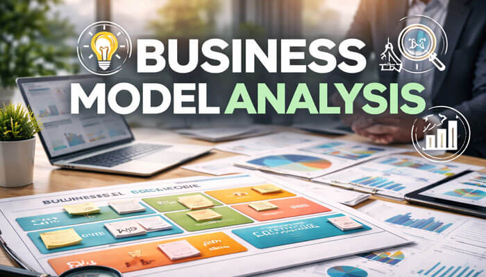 A promotional banner showcasing the title 'BUSINESS MODEL ANALYSIS' in bold white and green text, set against a modern office backdrop. The image features a detailed Business Model Canvas with key components labeled on sticky notes, surrounded by business tools like charts, a magnifying glass, and a laptop, emphasizing strategic business analysis for growth and optimization.