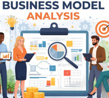 A vibrant digital illustration titled 'Business Model Analysis' showcasing four professionals in a modern office setting. The scene features a clipboard with detailed charts and graphs, surrounded by diverse individuals actively analyzing the business model. The background is bright with inspirational icons like lightbulbs and gears, creating a dynamic atmosphere for collaboration.