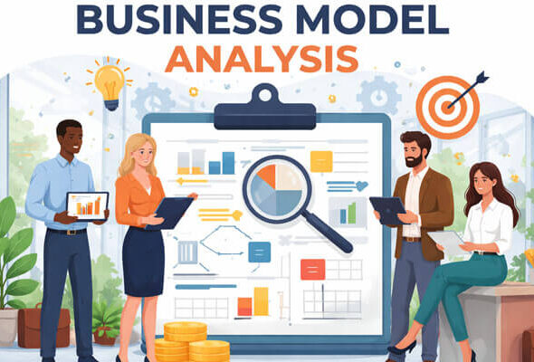 A vibrant digital illustration titled 'Business Model Analysis' showcasing four professionals in a modern office setting. The scene features a clipboard with detailed charts and graphs, surrounded by diverse individuals actively analyzing the business model. The background is bright with inspirational icons like lightbulbs and gears, creating a dynamic atmosphere for collaboration.
