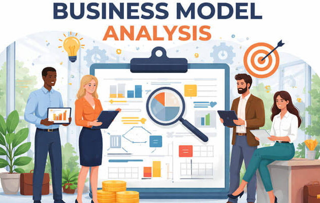 A vibrant digital illustration titled 'Business Model Analysis' showcasing four professionals in a modern office setting. The scene features a clipboard with detailed charts and graphs, surrounded by diverse individuals actively analyzing the business model. The background is bright with inspirational icons like lightbulbs and gears, creating a dynamic atmosphere for collaboration.