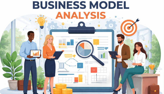 A vibrant digital illustration titled 'Business Model Analysis' showcasing four professionals in a modern office setting. The scene features a clipboard with detailed charts and graphs, surrounded by diverse individuals actively analyzing the business model. The background is bright with inspirational icons like lightbulbs and gears, creating a dynamic atmosphere for collaboration.