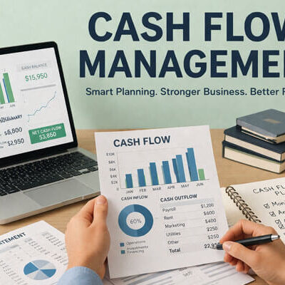 A modern office workspace showcasing a laptop with a cash flow overview, including financial charts and data. The workspace is well-organized, featuring a potted plant, calculator, financial documents with a cash flow statement, and a cup of coffee. The bold title 'CASH FLOW MANAGEMENT' is displayed above with the tagline 'Smart Planning. Stronger Business. Better Future.' on a mint-green background.