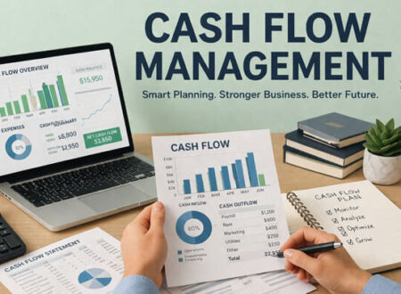 A modern office workspace showcasing a laptop with a cash flow overview, including financial charts and data. The workspace is well-organized, featuring a potted plant, calculator, financial documents with a cash flow statement, and a cup of coffee. The bold title 'CASH FLOW MANAGEMENT' is displayed above with the tagline 'Smart Planning. Stronger Business. Better Future.' on a mint-green background.