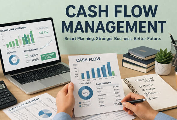 A modern office workspace showcasing a laptop with a cash flow overview, including financial charts and data. The workspace is well-organized, featuring a potted plant, calculator, financial documents with a cash flow statement, and a cup of coffee. The bold title 'CASH FLOW MANAGEMENT' is displayed above with the tagline 'Smart Planning. Stronger Business. Better Future.' on a mint-green background.