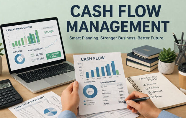 A modern office workspace showcasing a laptop with a cash flow overview, including financial charts and data. The workspace is well-organized, featuring a potted plant, calculator, financial documents with a cash flow statement, and a cup of coffee. The bold title 'CASH FLOW MANAGEMENT' is displayed above with the tagline 'Smart Planning. Stronger Business. Better Future.' on a mint-green background.