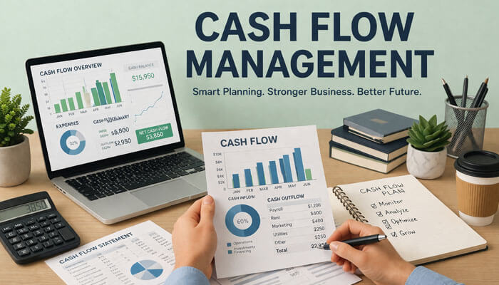 A modern office workspace showcasing a laptop with a cash flow overview, including financial charts and data. The workspace is well-organized, featuring a potted plant, calculator, financial documents with a cash flow statement, and a cup of coffee. The bold title 'CASH FLOW MANAGEMENT' is displayed above with the tagline 'Smart Planning. Stronger Business. Better Future.' on a mint-green background.