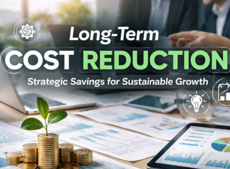 Feature image showcasing a professional business setting with charts and coins stacked on a table, symbolizing long-term cost reduction strategies for sustainable growth. The image highlights strategic savings, operational efficiency, and financial planning for businesses.