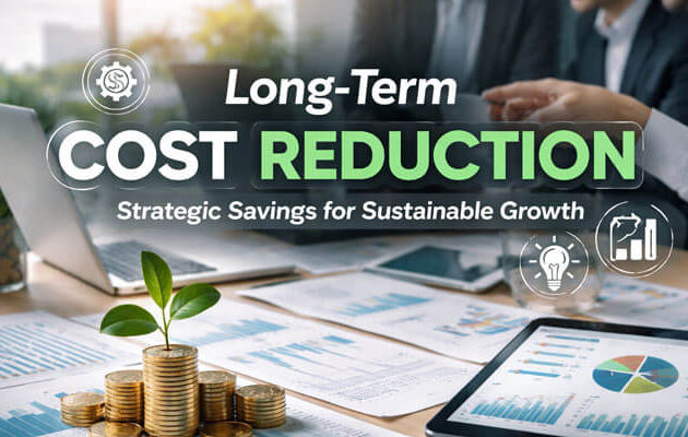 Feature image showcasing a professional business setting with charts and coins stacked on a table, symbolizing long-term cost reduction strategies for sustainable growth. The image highlights strategic savings, operational efficiency, and financial planning for businesses.