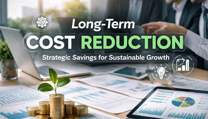 Feature image showcasing a professional business setting with charts and coins stacked on a table, symbolizing long-term cost reduction strategies for sustainable growth. The image highlights strategic savings, operational efficiency, and financial planning for businesses.