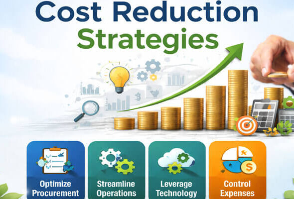 Cost Reduction Strategies" showcases a businessman adding coins to a growing stack, with a green upward arrow. It includes four colorful icons at the bottom representing key strategies: "Optimize Procurement," "Streamline Operations," "Leverage Technology," and "Control Expenses," all set against a light blue background.