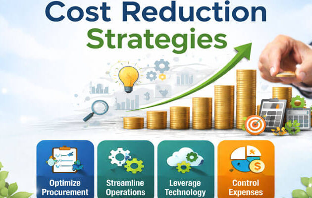 Cost Reduction Strategies" showcases a businessman adding coins to a growing stack, with a green upward arrow. It includes four colorful icons at the bottom representing key strategies: "Optimize Procurement," "Streamline Operations," "Leverage Technology," and "Control Expenses," all set against a light blue background.
