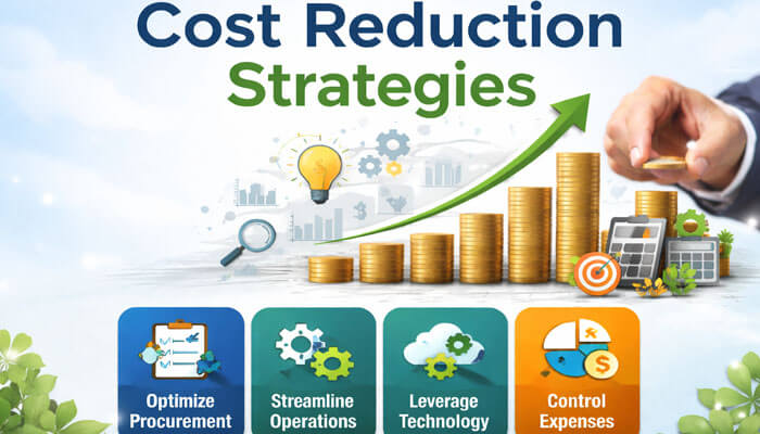 Cost Reduction Strategies" showcases a businessman adding coins to a growing stack, with a green upward arrow. It includes four colorful icons at the bottom representing key strategies: "Optimize Procurement," "Streamline Operations," "Leverage Technology," and "Control Expenses," all set against a light blue background.