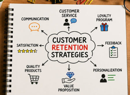 Customer retention strategies diagram showing communication, customer service, loyalty programs, feedback, personalization, and value proposition concepts on a notepad