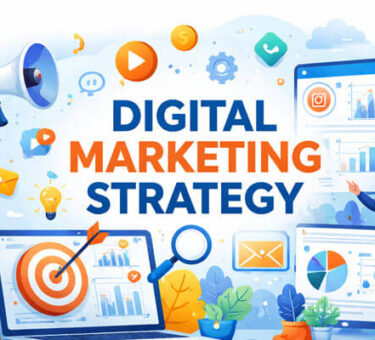 A vibrant digital illustration showcasing the concept of 'Digital Marketing Strategy.' The image features marketing symbols like charts, social media icons, email, and a target on a laptop screen, with marketers analyzing data and engaging with digital content. The color scheme includes bold blue and orange letters, creating a dynamic and engaging visual representation of the digital marketing process.
