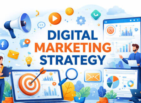 A vibrant digital illustration showcasing the concept of 'Digital Marketing Strategy.' The image features marketing symbols like charts, social media icons, email, and a target on a laptop screen, with marketers analyzing data and engaging with digital content. The color scheme includes bold blue and orange letters, creating a dynamic and engaging visual representation of the digital marketing process.