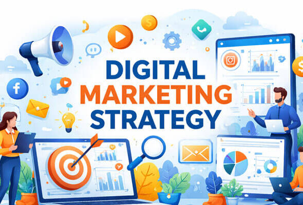 A vibrant digital illustration showcasing the concept of 'Digital Marketing Strategy.' The image features marketing symbols like charts, social media icons, email, and a target on a laptop screen, with marketers analyzing data and engaging with digital content. The color scheme includes bold blue and orange letters, creating a dynamic and engaging visual representation of the digital marketing process.