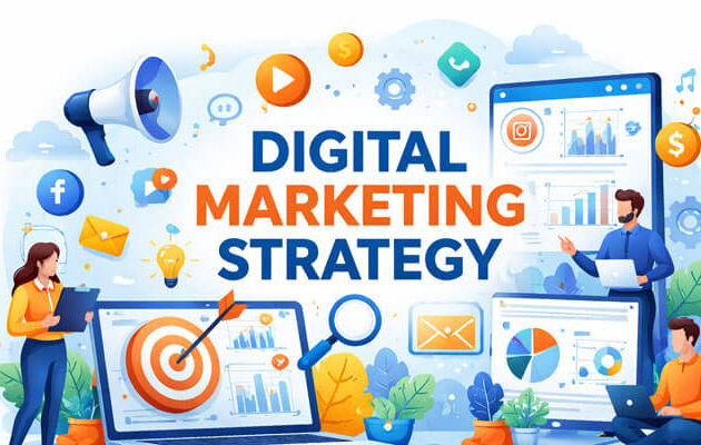 A vibrant digital illustration showcasing the concept of 'Digital Marketing Strategy.' The image features marketing symbols like charts, social media icons, email, and a target on a laptop screen, with marketers analyzing data and engaging with digital content. The color scheme includes bold blue and orange letters, creating a dynamic and engaging visual representation of the digital marketing process.