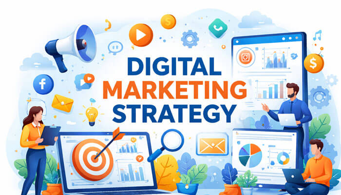 A vibrant digital illustration showcasing the concept of 'Digital Marketing Strategy.' The image features marketing symbols like charts, social media icons, email, and a target on a laptop screen, with marketers analyzing data and engaging with digital content. The color scheme includes bold blue and orange letters, creating a dynamic and engaging visual representation of the digital marketing process.