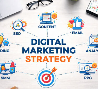 Digital marketing strategy infographic showing a workspace with icons representing key components such as SEO, content, email marketing, analytics, branding, SMM, and PPC, all connecting to a central target with dotted lines.
