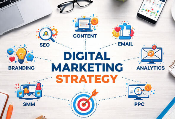 Digital marketing strategy infographic showing a workspace with icons representing key components such as SEO, content, email marketing, analytics, branding, SMM, and PPC, all connecting to a central target with dotted lines.
