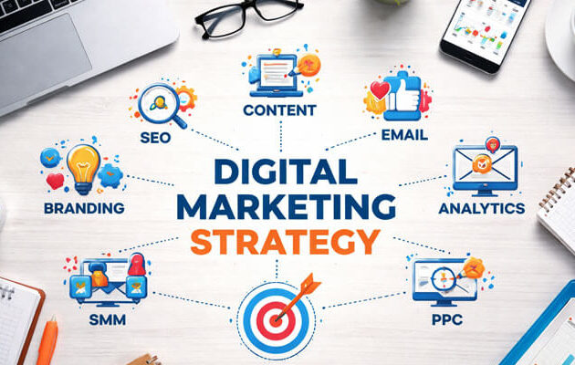 Digital marketing strategy infographic showing a workspace with icons representing key components such as SEO, content, email marketing, analytics, branding, SMM, and PPC, all connecting to a central target with dotted lines.