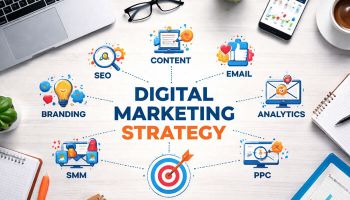 Digital marketing strategy infographic showing a workspace with icons representing key components such as SEO, content, email marketing, analytics, branding, SMM, and PPC, all connecting to a central target with dotted lines.